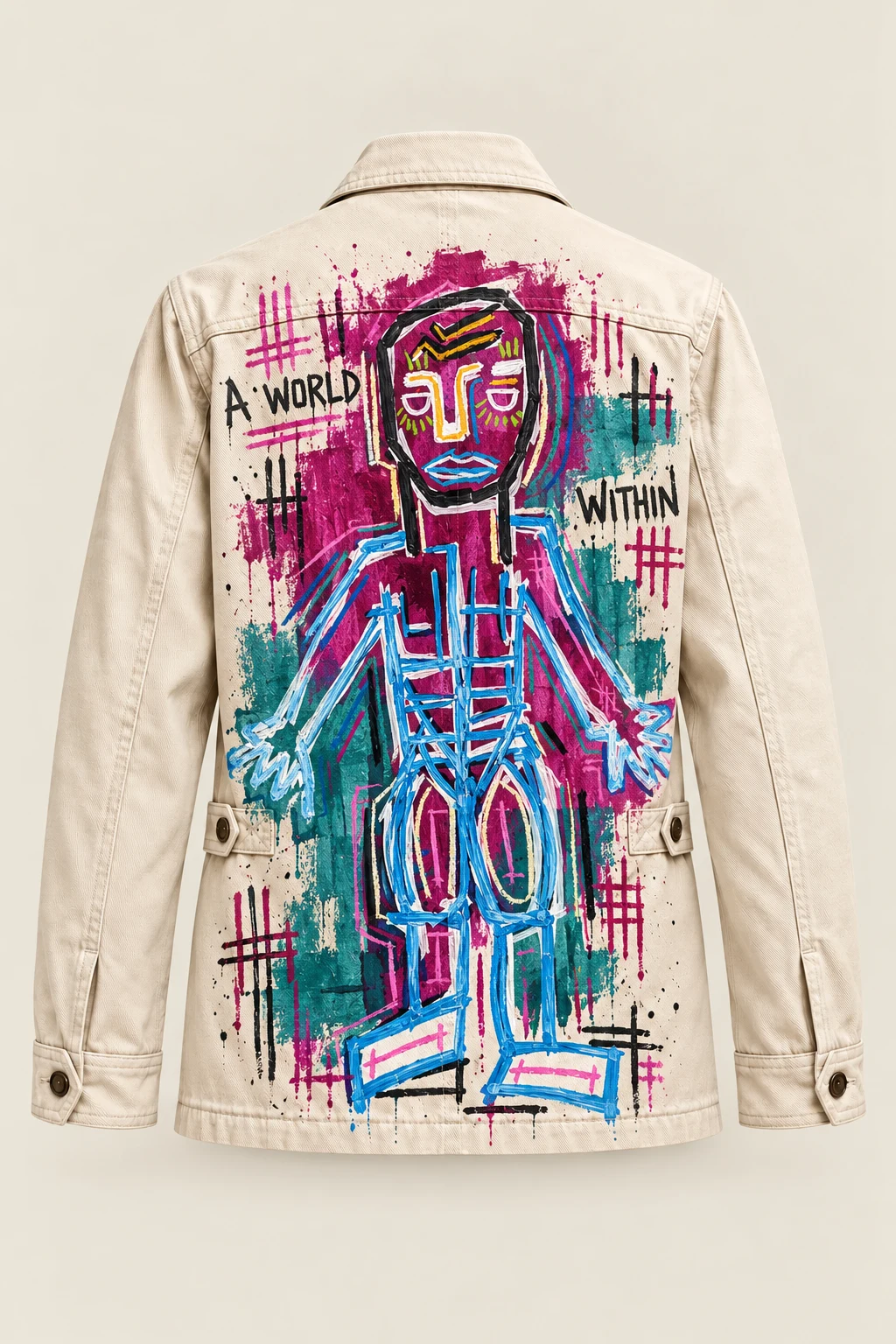 The back of a bone field jacket, painted with an angular figure in blue and white over magenta and teal.