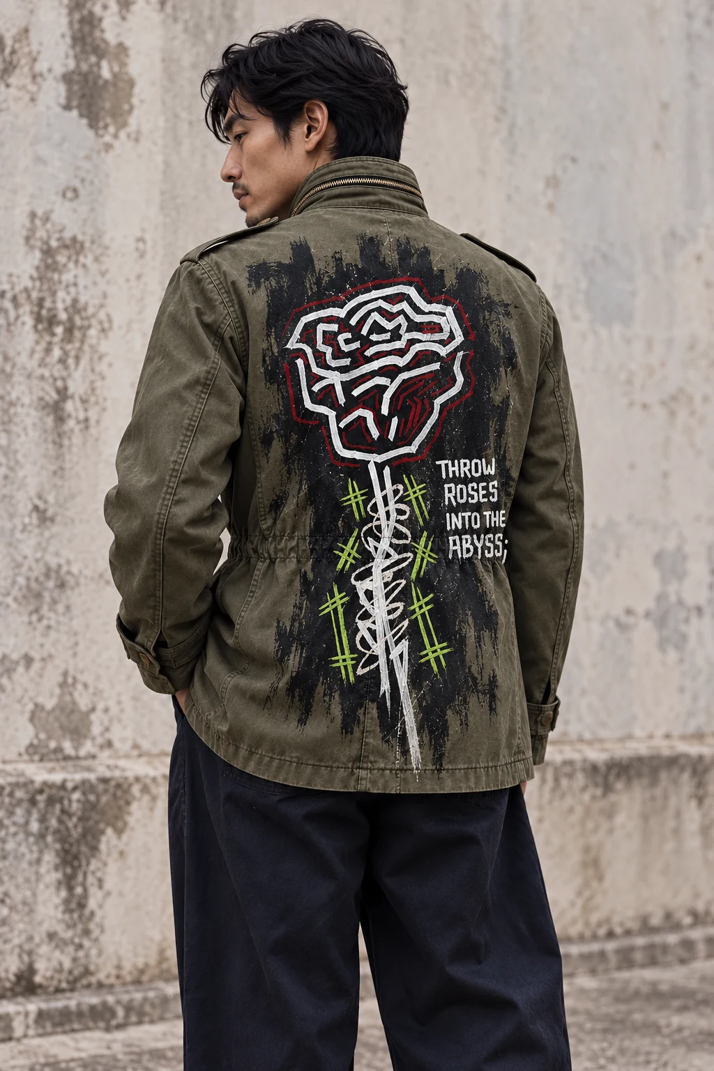 An olive M65 worn from behind, with a raw white and red rose, acid-green marks and handwritten words painted across the back.