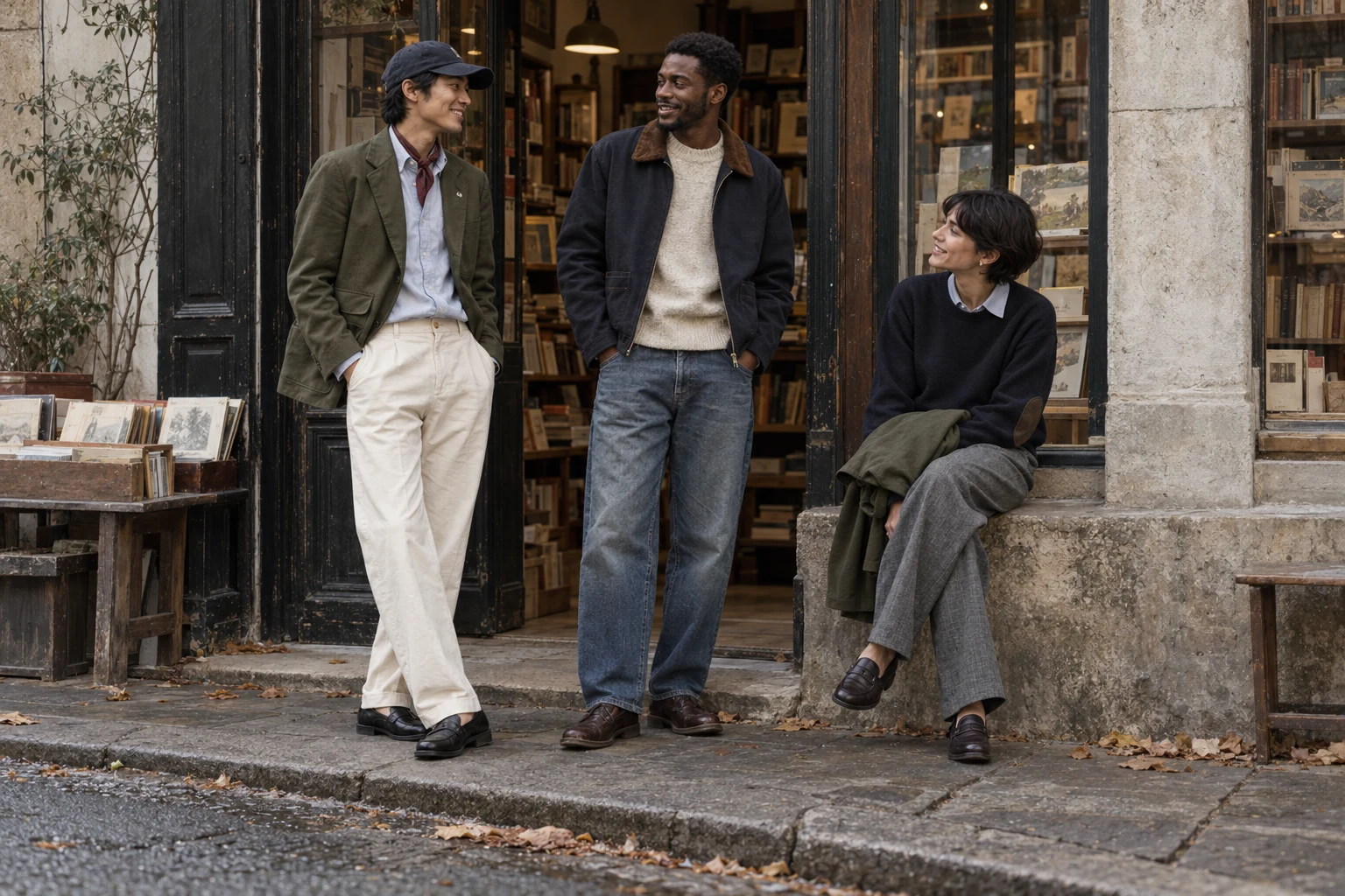 Three friends outside a bookshop in an olive field blazer and cream trousers, a navy work jacket and denim, and a navy knit with grey trousers.