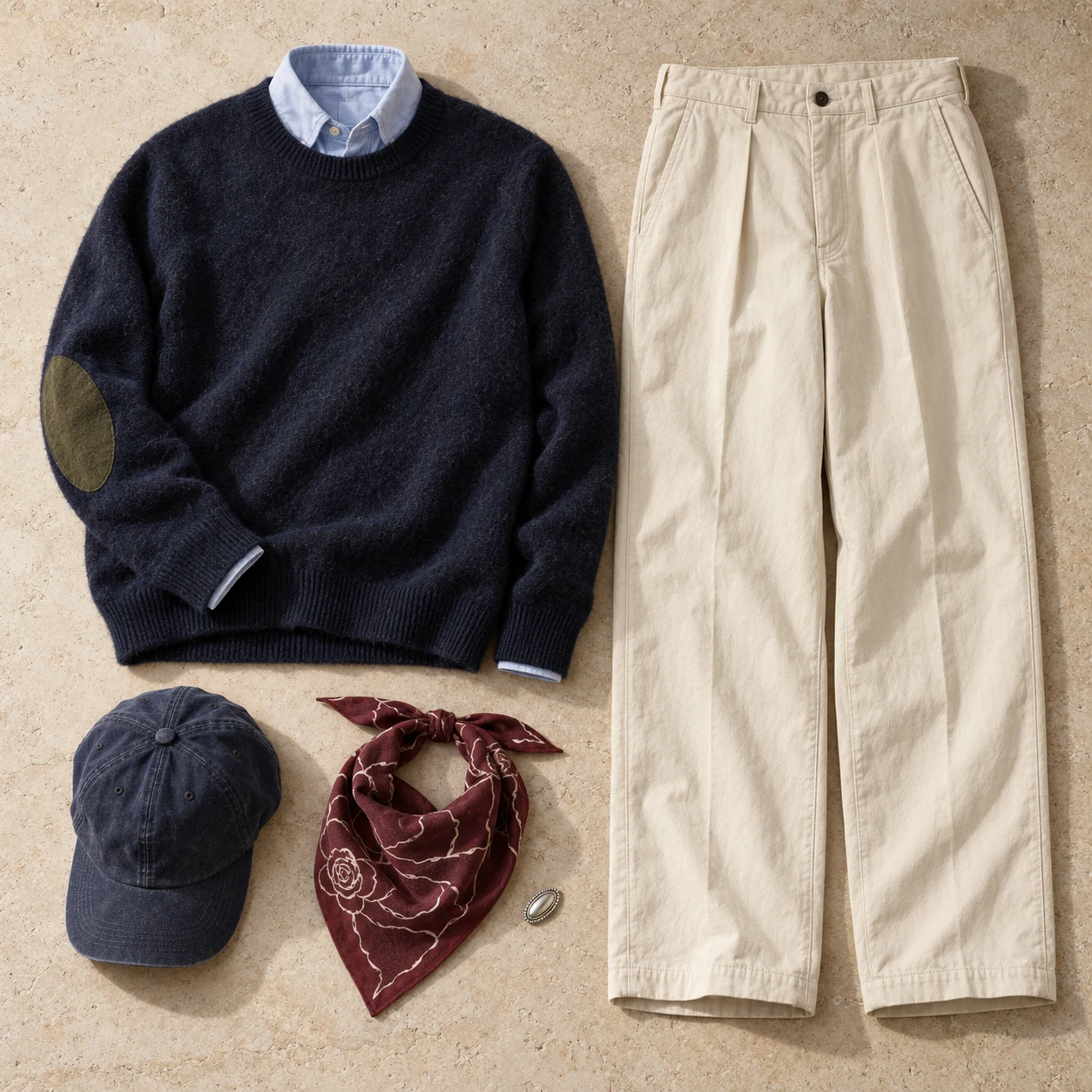 A flat lay of a navy knit over a blue shirt, cream pleated trousers, a navy cap and a burgundy patterned neckerchief.